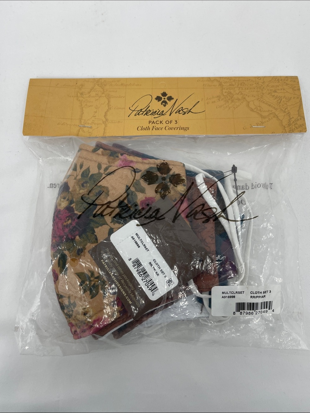 Patricia Nash Floral Multicolor/Tan Cloth Face Covering Pack of 3 NEW NEVER OPEN